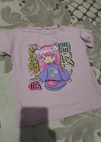 Pembe Baskılı Kız Tişörtü, Kısa Kollu, Düğmeli - Görsel 5