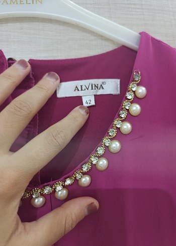 Düğmeli Uzun pembe Kadın Elbise - Görsel 5