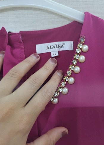 Düğmeli Uzun pembe Kadın Elbise - Görsel 4