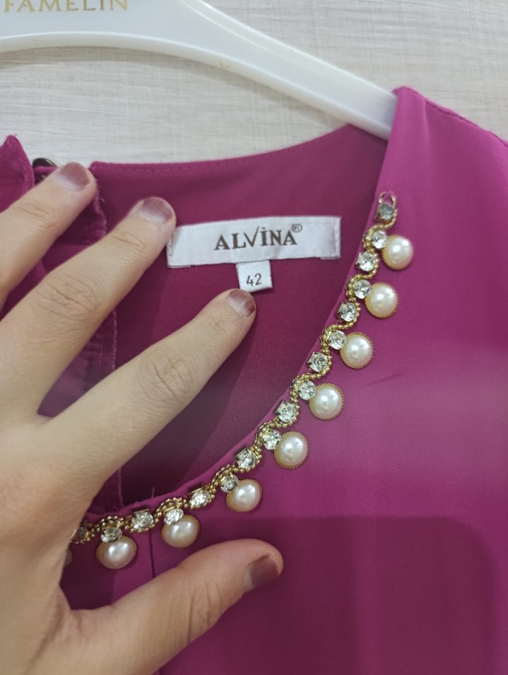 Düğmeli Uzun pembe Kadın Elbise - Görsel 5