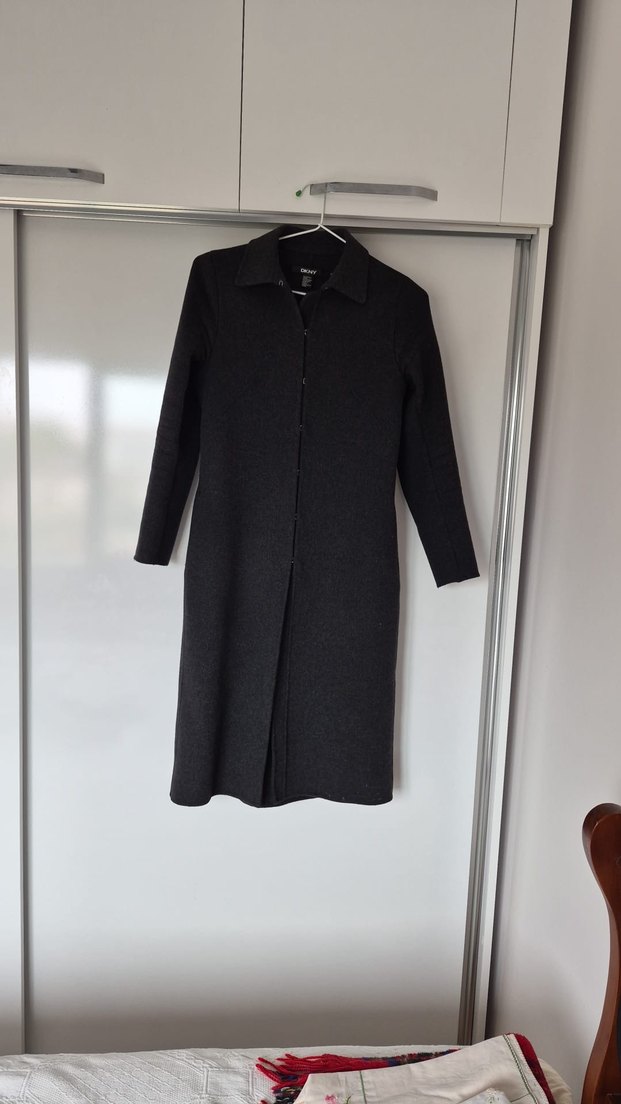 Gri Düğmeli DKNY Yünlü palto kaban - Görsel 4