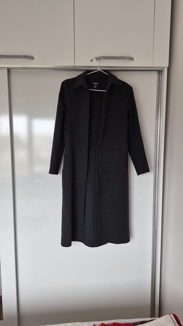 Gri Düğmeli DKNY Yünlü palto kaban - Görsel 5