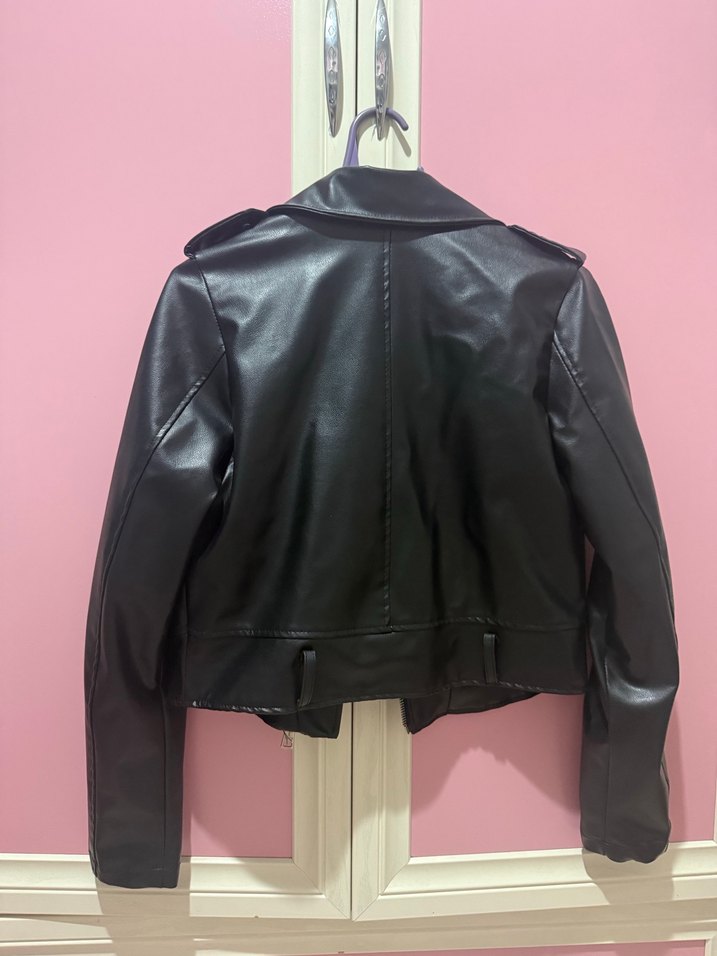 Siyah Deri Kadın Biker Ceket - Görsel 2