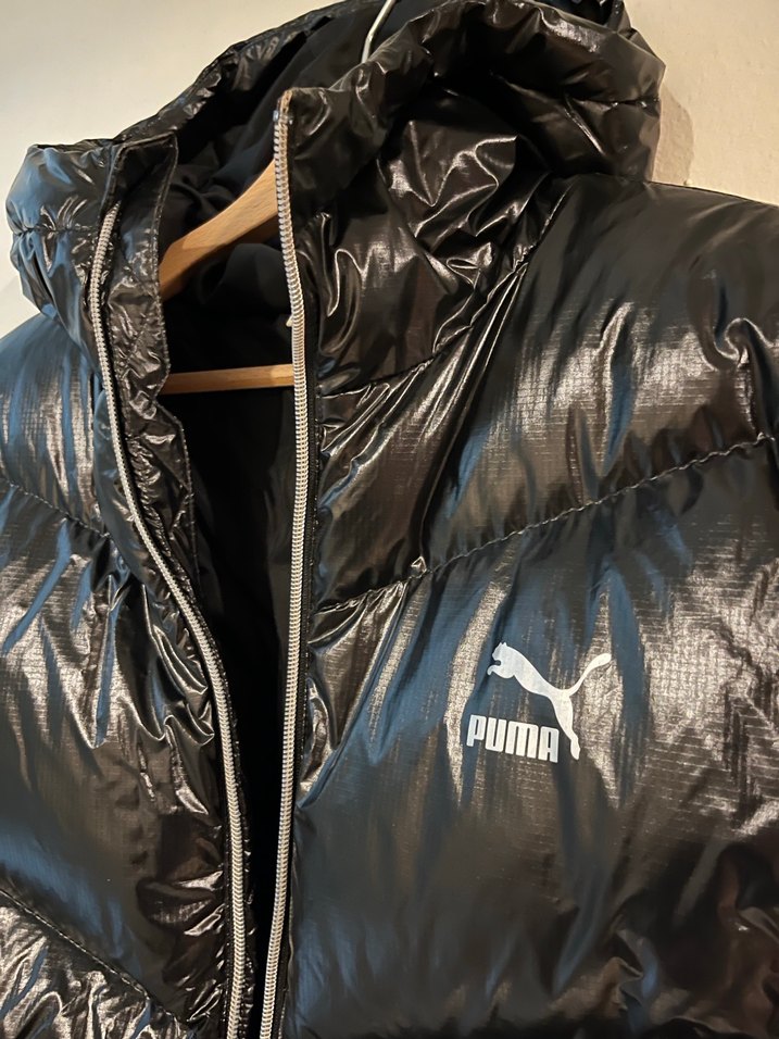 Siyah Deri Puma Kaz Tüyü Kadın Kış Montu - Görsel 2