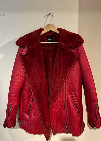 Kırmızı Kadın Süet Kürklü Kışlık Ceket - Görsel 3