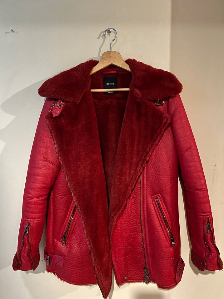 Kırmızı Kadın Süet Kürklü Kışlık Ceket - Görsel 3