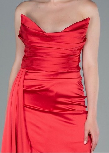 Drapeli Kırmızı Uzun Abiye Elbise - Görsel 4