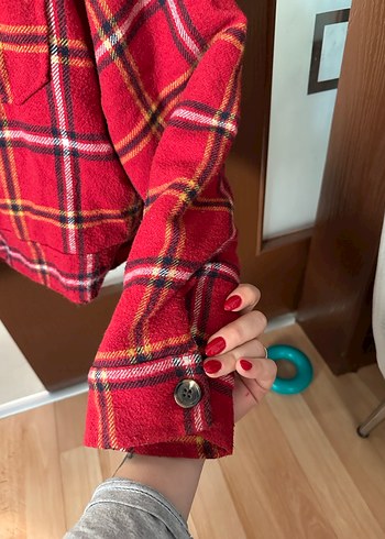Kadın Kırmızı Ekose Düğmeli Polar Ceket - Görsel 5
