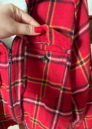 Kadın Kırmızı Ekose Düğmeli Polar Ceket - Görsel 4