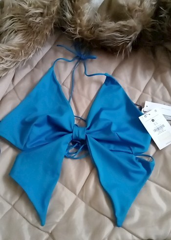 Bershka mavi V Yaka Mini Strappy Denim Üst