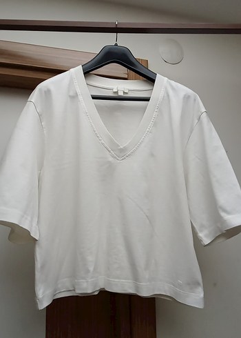 V Yaka beyazKadın Tişört Loose Fit