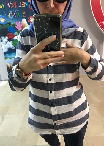 m Beden Gri Çizgili Uzun Kollu Denim Kadın Gömlek