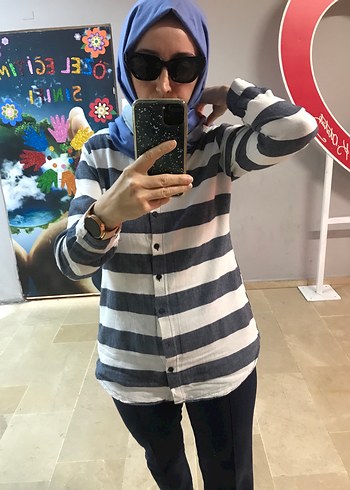 m Beden gri Renk Gri Çizgili Uzun Kollu Denim Kadın Gömlek