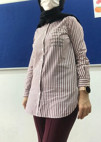 m Beden bordo Renk Bordo Çizgili Uzun Kollu Kadın Gömlek