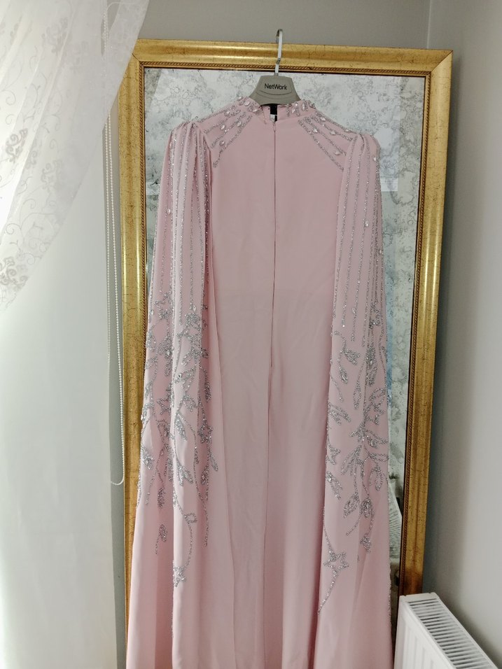 İşlemeli Pembe Uzun Abiye Elbise - Görsel 3