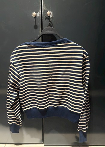 Düğmeli Çizgili Mavi Kadın Sweatshirt - Görsel 3