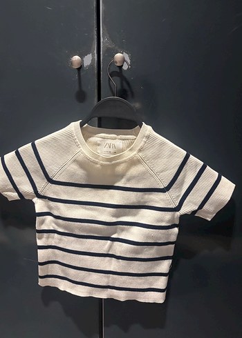 Kız Çocuk Kısa Kollu Çizgili Triko Kazak - Görsel 3