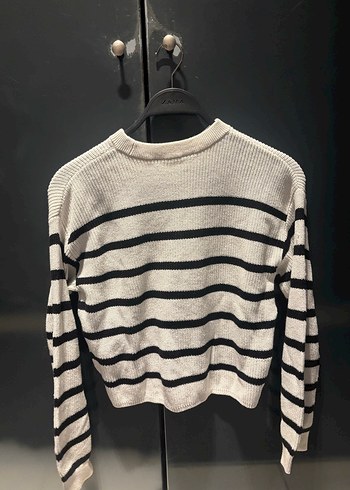 Çizgili Gri Beyaz Kadın Triko Kazak - Görsel 2