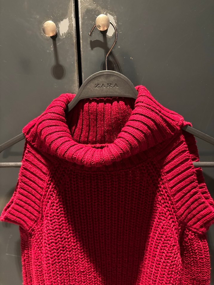 Bordo Örgü Boğazlı Kolsuz Kadın Kazak - Görsel 3