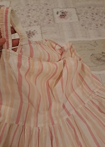 Defacto Pembe Çizgili Uzun Keten Elbise