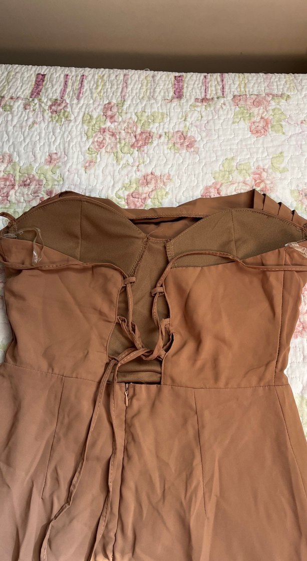 Parlak Kahverengi ince askılı yırtmaçlı  Midi Elbise - Görsel 2