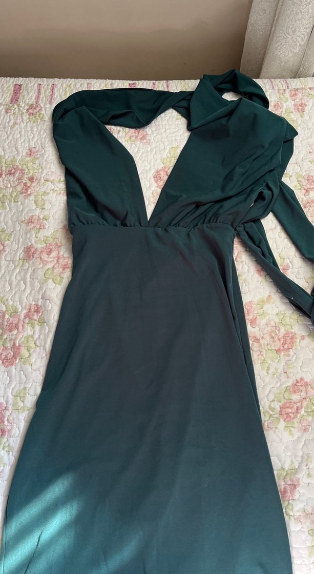 Yeşil  şeritli İpli Midi, mini dekolteli elbise - Görsel 4