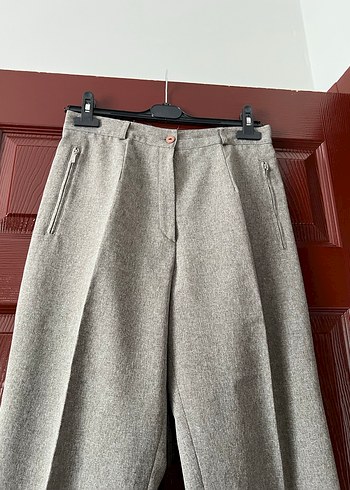 s Beden Düğmeli Gri Kadın Yün Kumaş Klasik Pantolon