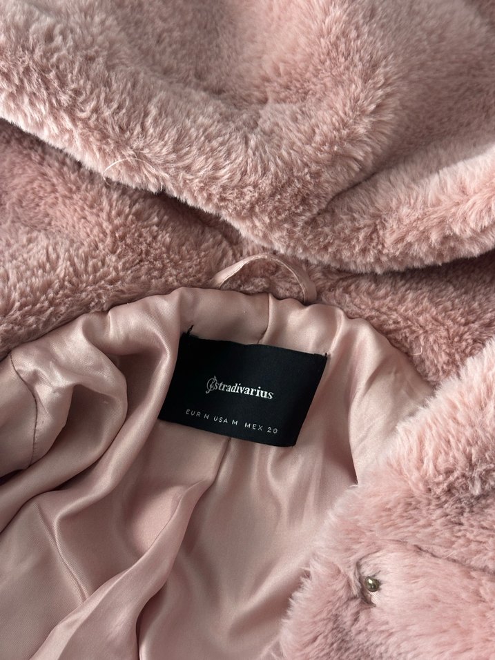 Stradivarius Pembe Tüylü Peluş Kadın Mont - Görsel 2