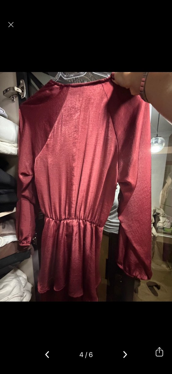 Zara Bordo Parlak Midi Drapeli V Yaka Elbise - Görsel 2