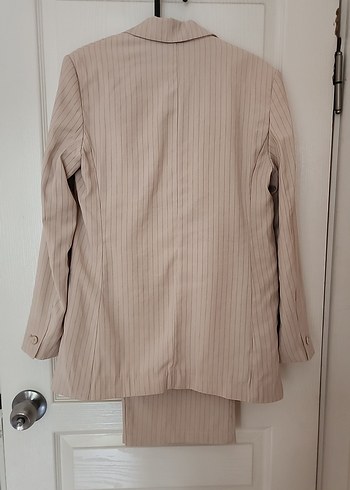 Mango Bej Çizgili Kadın Blazer Ceket ve Pantolon Takım Oversize - Görsel 5