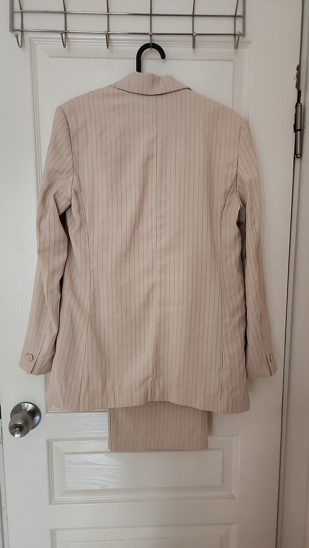 Mango Bej Çizgili Kadın Blazer Ceket ve Pantolon Takım Oversize - Görsel 5