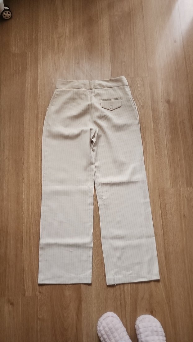 Mango Bej Pilili Midi Kadın Keten Pantolon 32 - Görsel 5