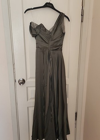 Haki Drapeli Uzun Straplez Abiye Elbise - Görsel 6