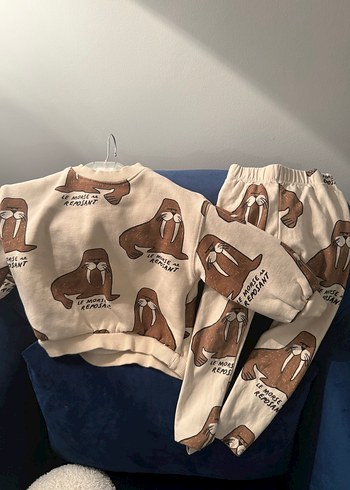 Kahverengi Baskılı Çocuk Sweatshirt&tayt takımı - Görsel 3