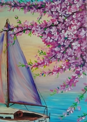 tablo kiraz çiçekleri manzara - Görsel 5