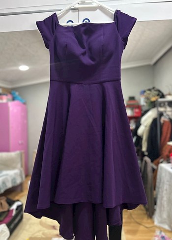 Mor Midi Drapeli Kadın Elbise Abiye - Görsel 2