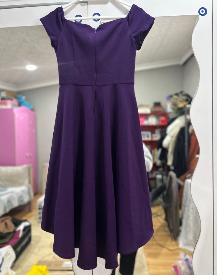 Mor Midi Drapeli Kadın Elbise Abiye - Görsel 3