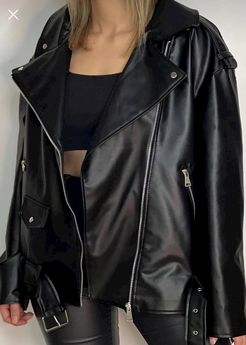 Kadın Siyah Deri Biker Ceket - Görsel 2