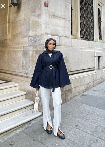 Kadın Lacivert Kemerli Denim Ceket - Görsel 3