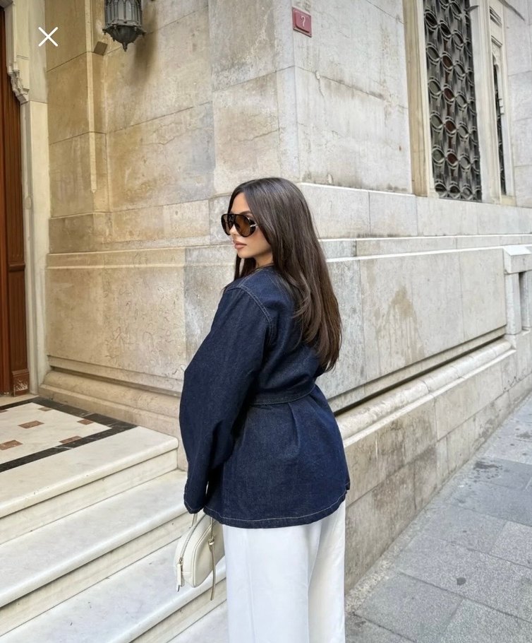 Kadın Lacivert Kemerli Denim Ceket - Görsel 2