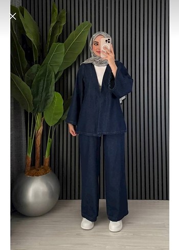 Kadın Lacivert Denim Kemerli Uzun Takım - Görsel 2