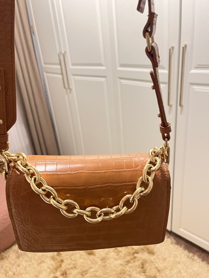 Zincir Detaylı Kahverengi Yılan Desenli Deri Çanta - Görsel 2