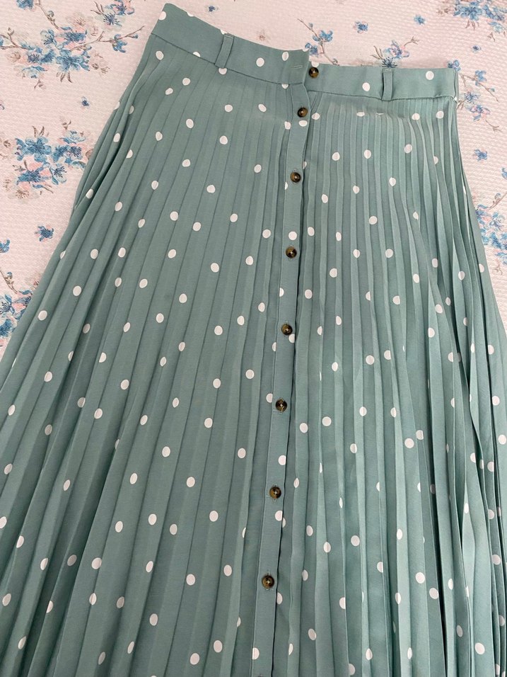 Puantiyeli Piliseli Uzun Turkuaz Etek - Görsel 2