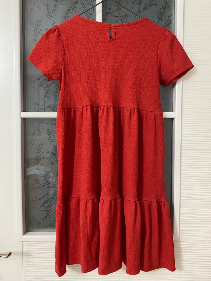 Koton Kız Çocuk Kırmızı Keten Fırfırlı Elbise - Görsel 3