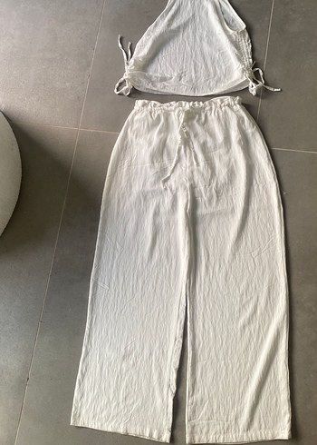 m Beden Beyaz Keten Bol Kesim Kadın Pantolon üst takım