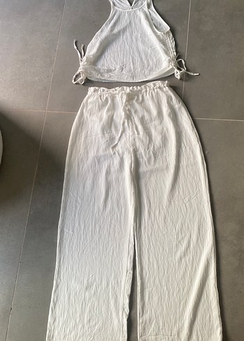 Beyaz Keten Bol Kesim Kadın Pantolon üst takım