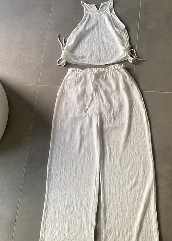 Diğer Beyaz Keten Bol Kesim Kadın Pantolon üst takım