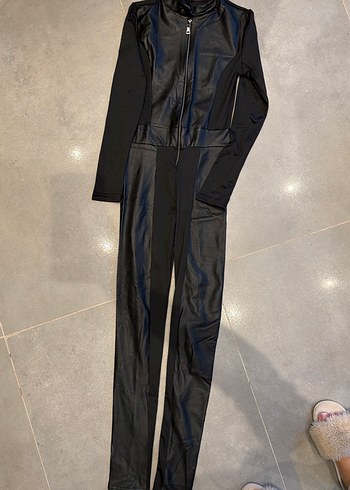 Kadın Siyah Deri Uzun Tulum - Görsel 3