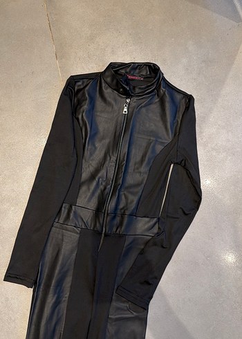 Kadın Siyah Deri Uzun Tulum - Görsel 6