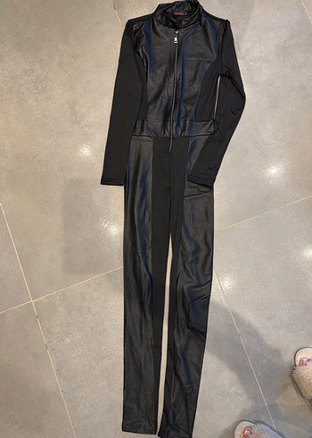 Kadın Siyah Deri Uzun Tulum - Görsel 2